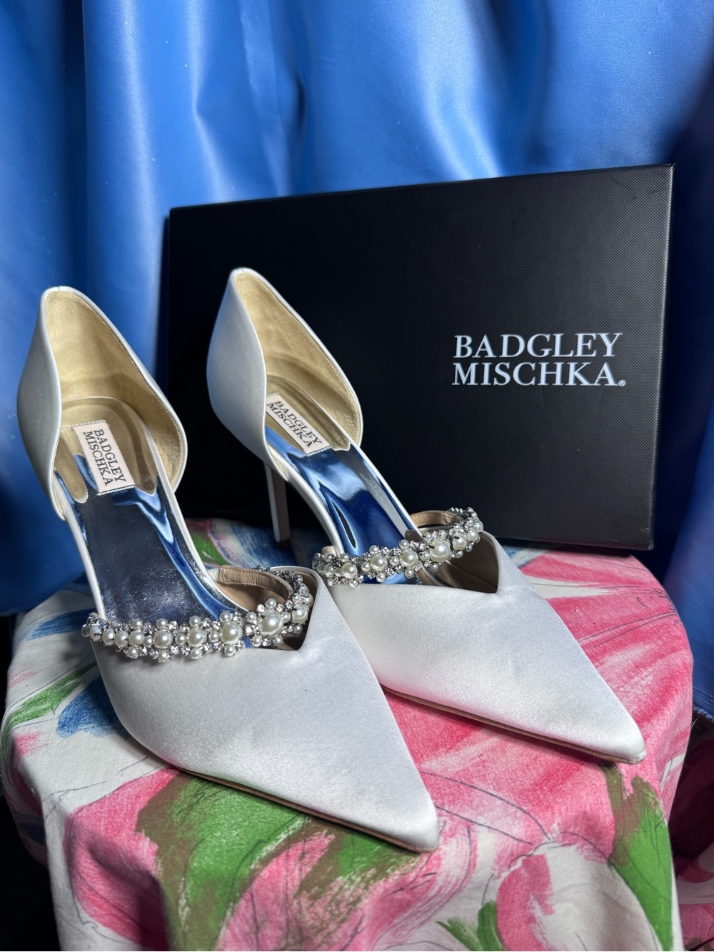 Badgley Mischka Ivory Satin Pointed-Toe Pearl & Crystal Pumps